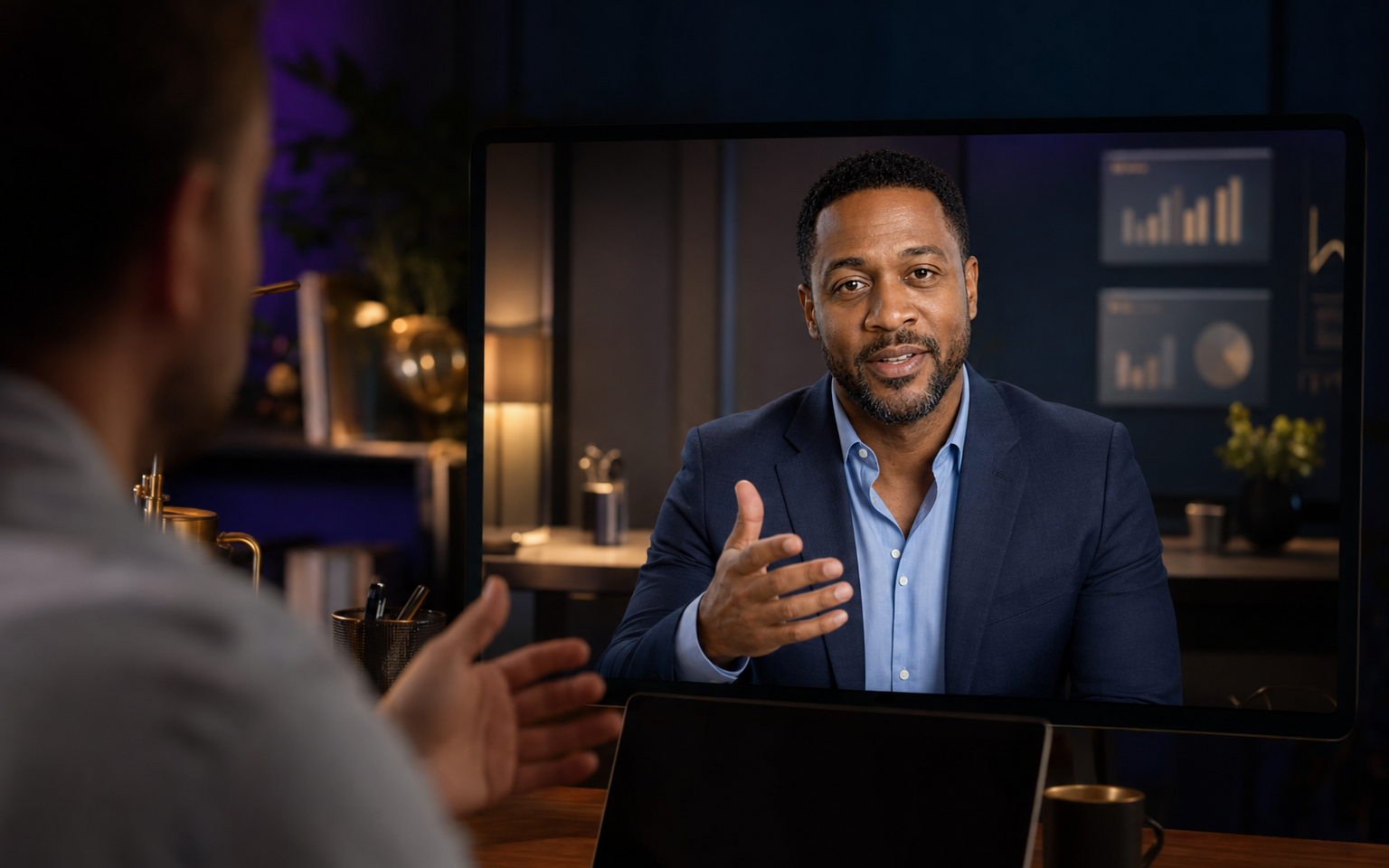 A business owner speaking face to face with Marcus, BMR's virtual AI consultant, on a live video screen